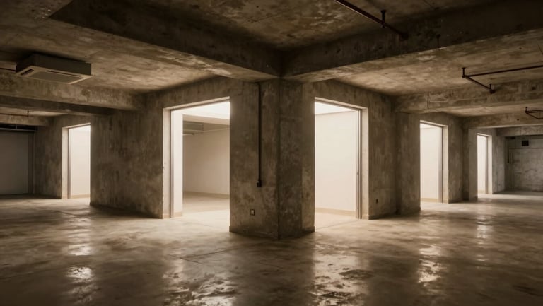 Wide environmental shot of a large underground multi-room space showing a hallway junction with several doorways, cool studio strobes lighting the polished concrete floor and recessed ceiling systems, structural air handling visible, no people, no warm tones