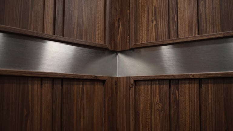 Tight close detail of a bespoke underground interior finish — a junction between dark fluted timber panelling and a brushed steel inset, cool studio lighting picking out the material grain and precision joinery, no people, no warm tones