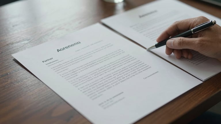 Overhead close-up of a meeting table with printed partner agreement documents, institutional letterheads partially visible, a hand resting beside a pen on the documents, soft diffused natural light from a nearby window