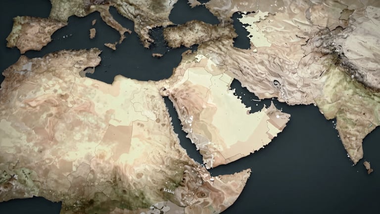 Flat map of the Middle East and North Africa region on a dark charcoal background, countries of Saudi Arabia, Bahrain, Qatar, Kuwait, Oman, UAE, and Egypt highlighted in a warm off-white tone against muted surrounding geography, clean cartographic style, no labels, even studio lighting