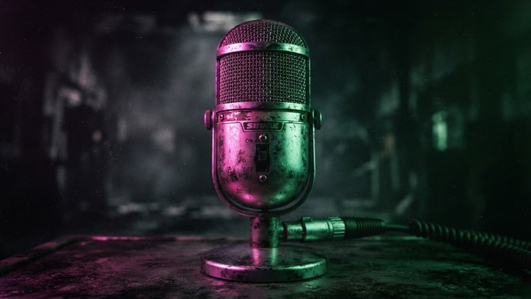 A close-up of a vintage analog radio microphone glowing under harsh neon pink and toxic green lights, heavy film grain, dark misty background, 35mm photography.