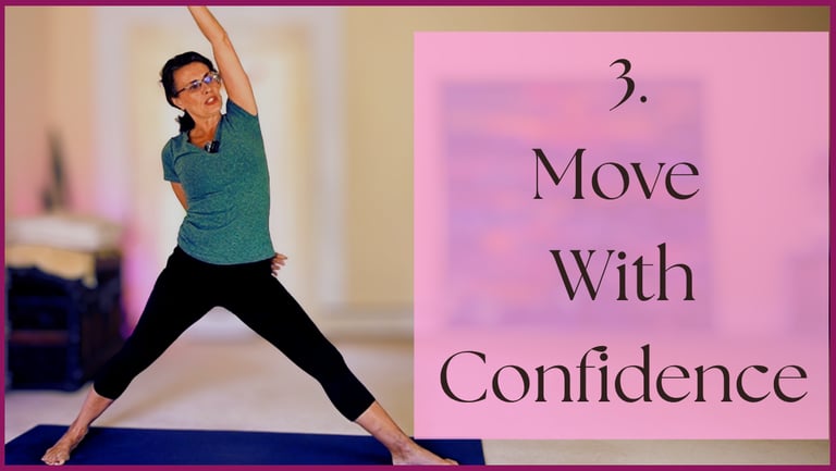 woman over 50 practices a yoga stretch reverse triangle with text saying Move With Confidence.