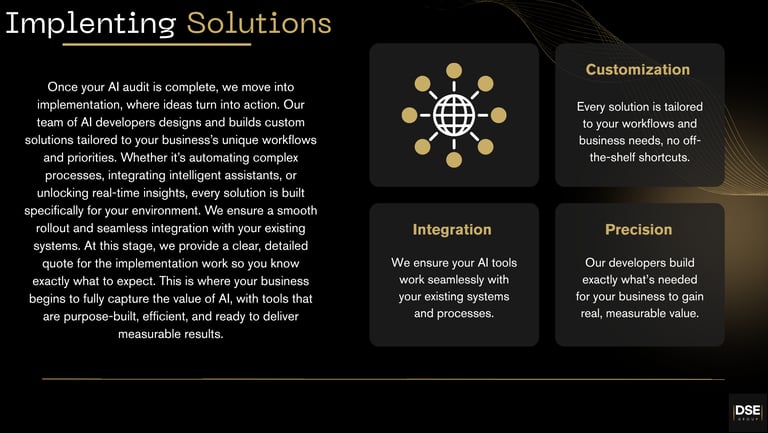 AI implementation tailored to business needs, integrating automation and intelligent assistants.