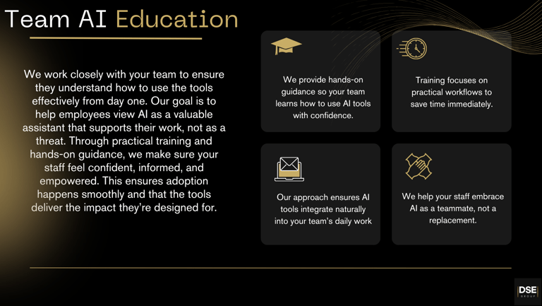 Team AI education and onboarding services to ensure confident adoption and practical use of AI tools
