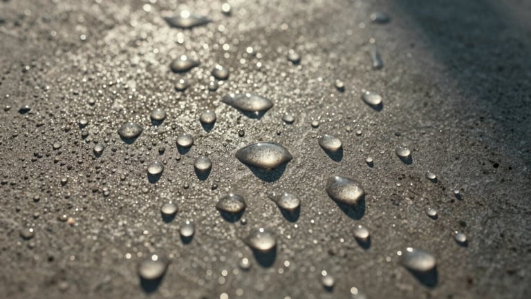 Extreme close-up of water droplets bead-forming and rolling off a treated concrete surface, harsh outdoor sunlight, high contrast texture.