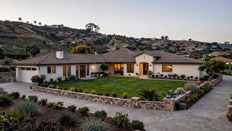 Private estate area in San Diego Hills, spacious family plot surrounded by low stone walls and private garden path