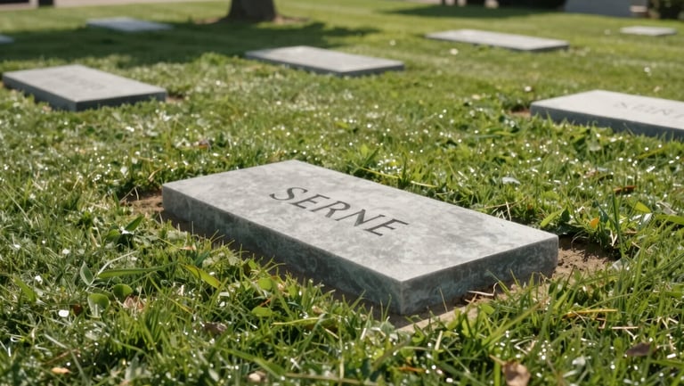 Serene single burial plot area in San Diego Hills, clean flat headstones integrated with manicured green grass under soft sunlight