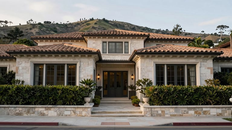 Semi-private estate in San Diego Hills, elegant stone borders separating two plots with a private shrub hedge