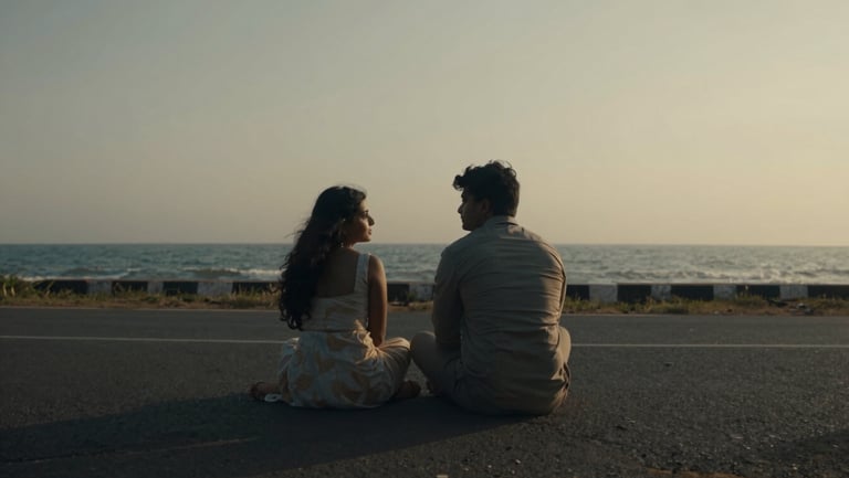 Cinematic film still from Heer Sara Aur Pondicherry, a quiet emotional moment between two characters on a coastal road in Pondicherry, golden hour soft key light, deep shadows, anamorphic widescreen format.