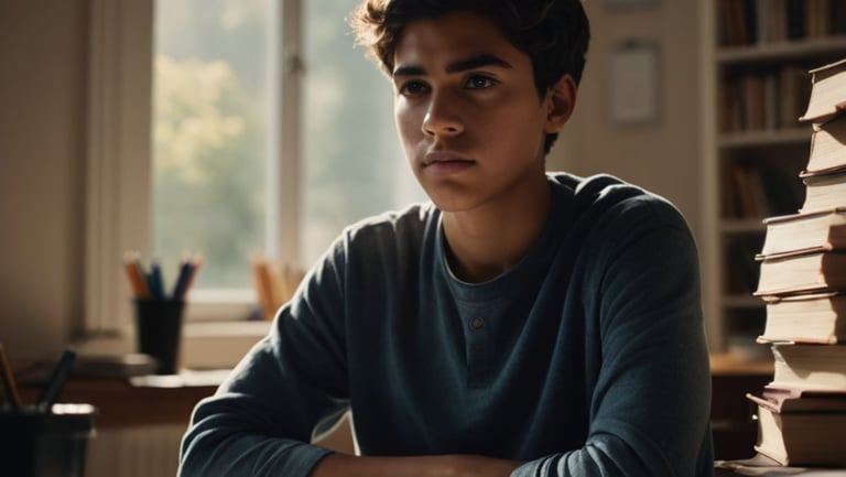 a young man sitting at a desk with a stack of books