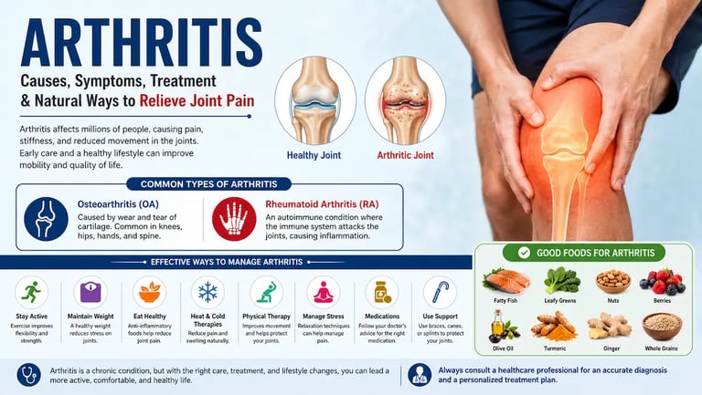 Illustration showing inflamed knee joints with arthritis symptoms and treatment options