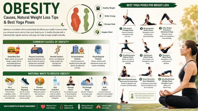 Infographic showing obesity causes, natural weight loss methods