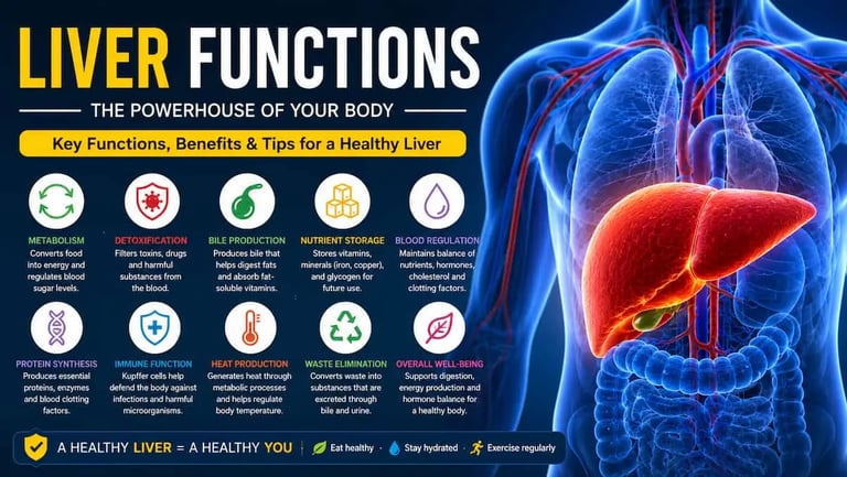 Colorful medical infographic explaining major liver functions
