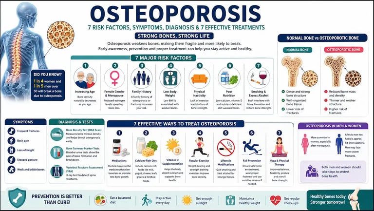 Illustration showing healthy bone and osteoporotic bone with risk factors