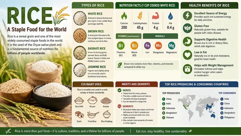 Rice grains in bowls with rice plants showing nutrition facts