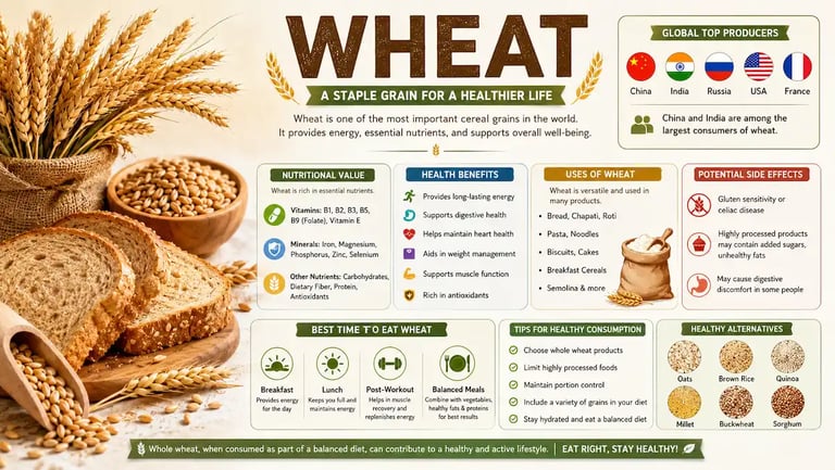 Whole wheat grains and wheat bread showing nutrition and health benefits