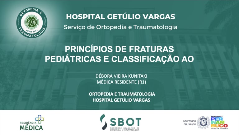 Slide inicial do seminário sobre princípios de fraturas pediátricas pela R1 Débora.