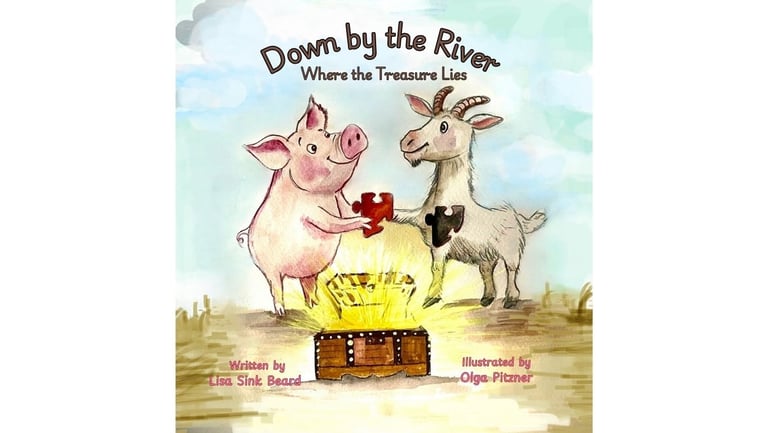 Children's book cover for Down by the River featuring a pig and goat holding puzzle pieces over a treasure chest.