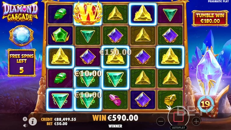 Diamond Cascade'de 10 kat çarpanlı 8 elmas zinciri