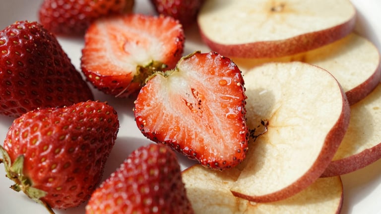 Macro shot of perfectly sliced dehydrated strawberries and apples showcasing precise geometric cuts, bright natural daylight, sharp focus on texture, 50mm lens