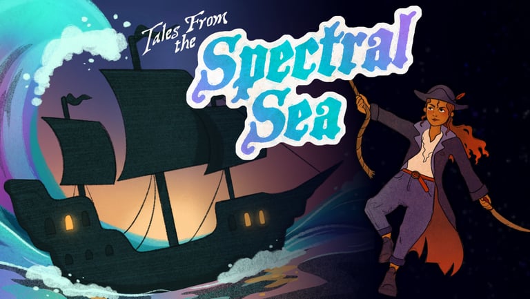 A silhouetted ship sails across a prismatic sea and a swashbuckler swings with a dagger in their teeth. Above is the title.