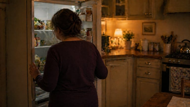 A woman looks inside an open refrigerator in a rustic kitchen at night.