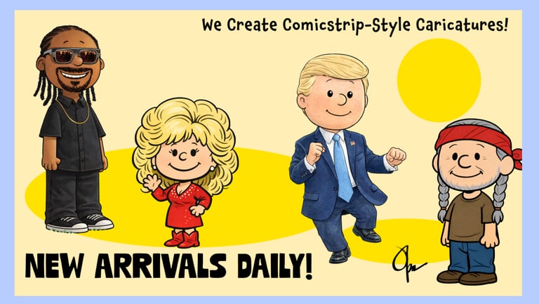 Caricature banner with Snoop Dogg, Dolly, Trump, and Willie