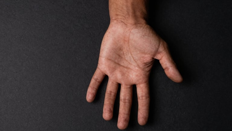 Flat lay of an open hand palm-up on a matte black surface, fingers spread slightly, studio top light casting minimal shadow, all four fingers and thumb visible showing relative proportions, skin tone warm olive