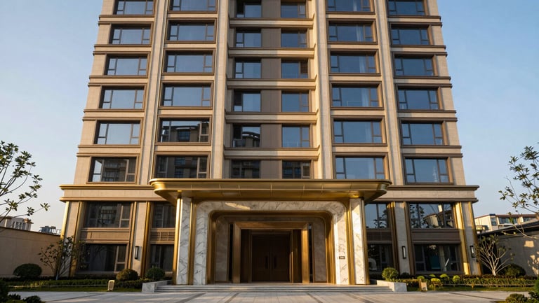 Symmetrical architectural shot of a delivered luxury residential tower with brushed brass accents and marble lobby entrance under golden hour light
