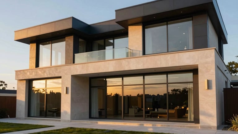 Modern luxury villa facade with clean architectural lines, large floor-to-ceiling glass windows reflecting a warm sunset