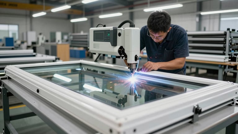 Wide shot of a vinyl window manufacturing floor, a worker operating a corner-welding machine on a white vinyl frame section, bright overhead industrial lighting revealing the machine's precision guides, vinyl extrusion racks visible in background, no faces
