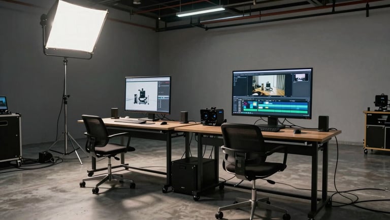Wide environmental shot of a studio in active use — two workstations visible side by side, one showing a design composition screen and one showing a video timeline, overhead tungsten light casting hard shadows on a concrete floor, cables and production equipment visible at the edges of frame, cool industrial atmosphere