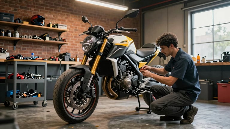 Wide environmental shot of a motorcycle workshop interior, mechanic crouched beside a bike on a center stand examining the rear brake assembly, warm tungsten overhead light, tools spread on a rolling cart nearby, brick wall with shelves of parts in background, natural window light on the right side