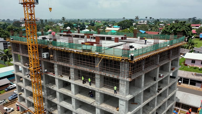 Overhead wide shot of an active high-rise hotel construction site in Nigeria — tower crane visible at left, concrete floor plates at multiple levels under construction, safety netting and formwork in precise arrangement, workers coordinating below in high-visibility vests, natural overcast daylight, documentary aerial framing establishing site scale and operational complexity