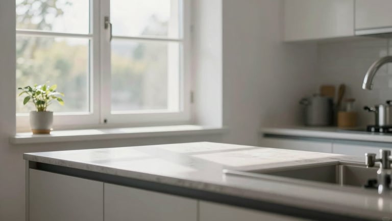 A clean, modern UK kitchen with bright daylight streaming through the window, showing a neatly organized countertop.