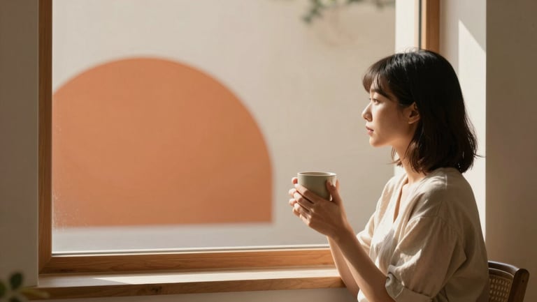 A quiet, warm-toned minimalist interior with soft daylight. A woman sits near a window, holding a ceramic mug with both hands, looking out. In the background, a soft orange semicircular shape is painted on the wall, creating a contemporary framing effect.