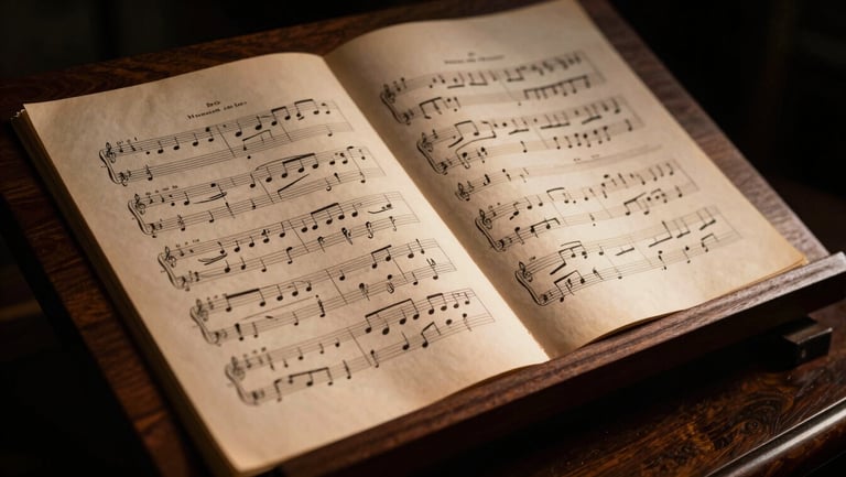 Intimate close-up of vintage sheet music resting on a dark wood stand under warm side-lighting, dramatic deep shadows