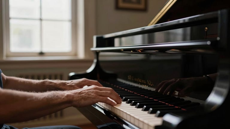 Hands of a pianist resting on the keys of a polished black grand piano in a historic practice room, natural window light