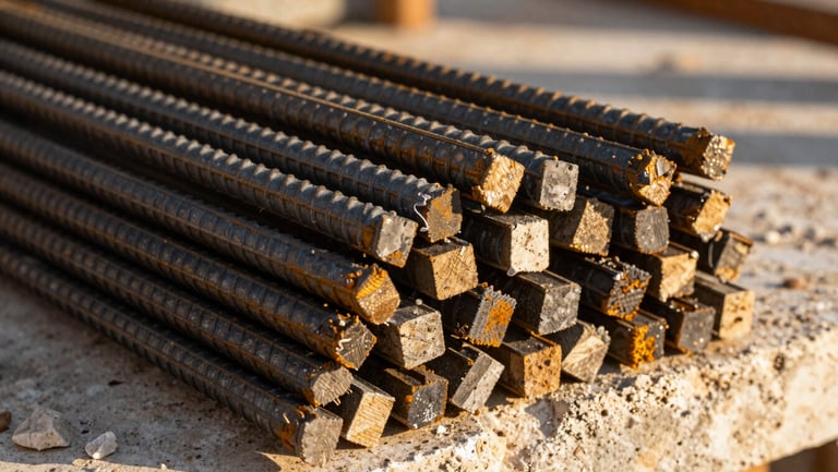 Macro shot of ribbed steel rebar stacked on a construction site in Tulum, warm golden hour light, high contrast shadows