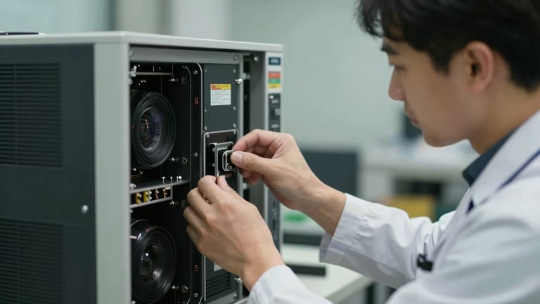 Professional technician in a clean uniform carefully adjusting the back panel of a large electronic appliance