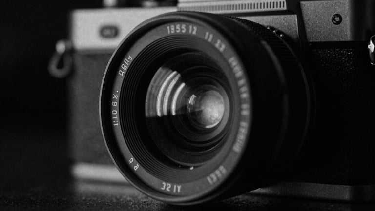 Gritty black and white close-up of a 35mm film camera lens reflecting a harsh neon light in a dark room, heavy grain, deep shadows.