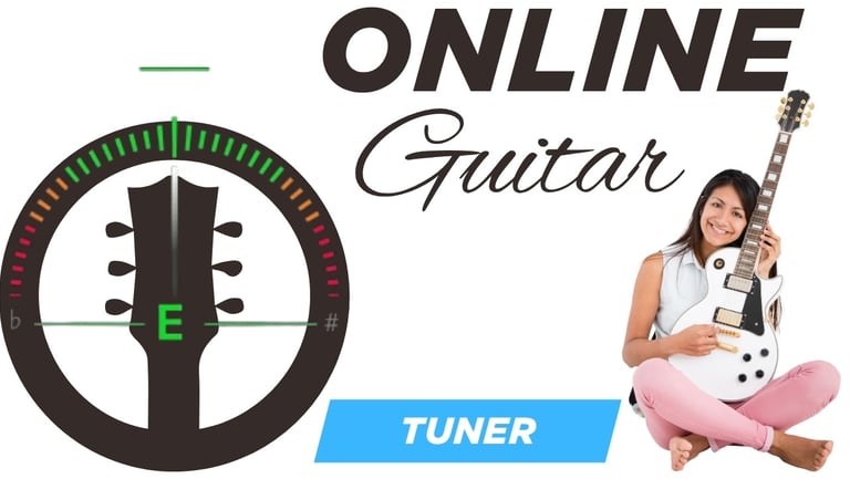 A woman holding an electric guitar next to a digital online guitar tuner display for musical instrument tuning.