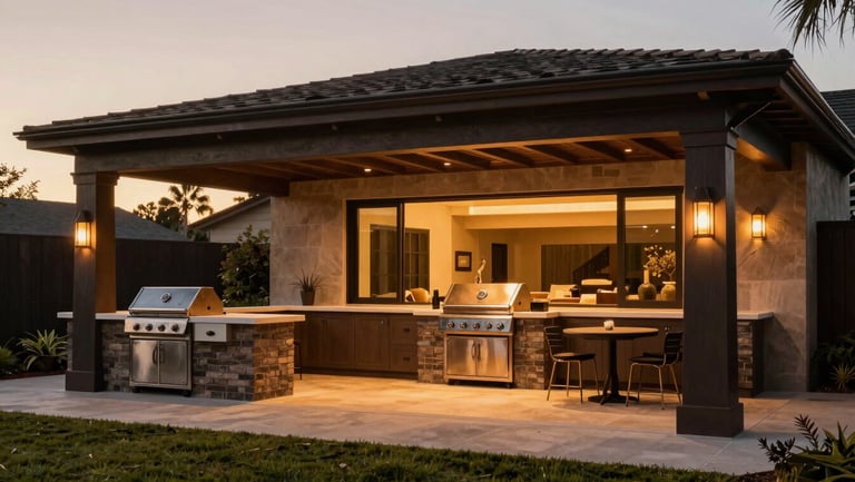 Panoramic outdoor custom BBQ area at golden hour, warm accent lighting, elegant California living setting, high-end editorial style.