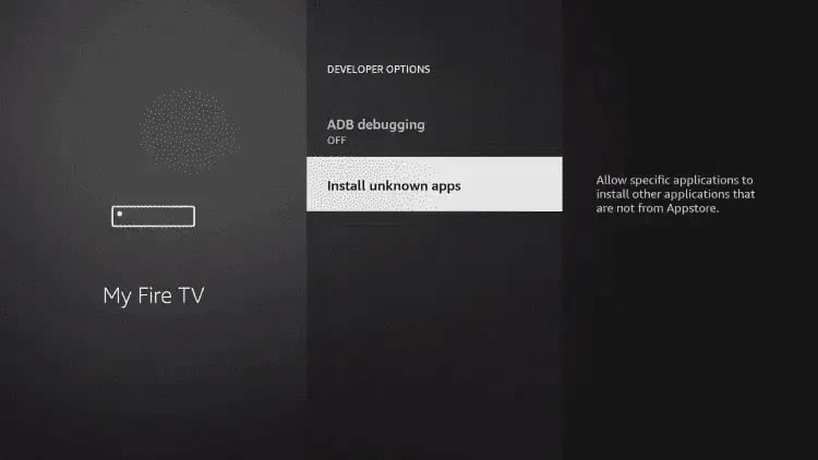Amazon Fire TV developer options menu showing the install unknown apps setting for sideloading.