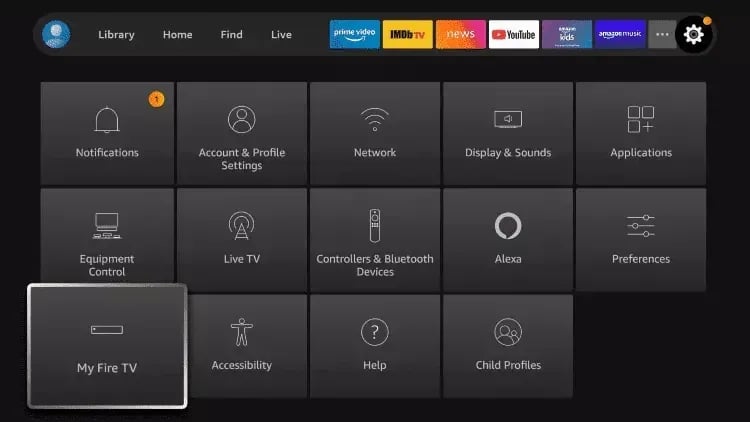 Amazon Fire TV settings menu showing icons for network, display, and Alexa smart home controls.