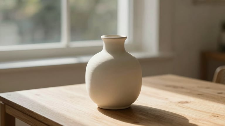 A close-up of a styled vignette with a ceramic vase on a light oak table, soft natural Brisbane sun pouring through a window, shallow depth of field, 35mm