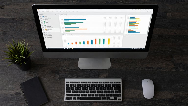 An overhead organized desk layout featuring a clean, dark-themed data analysis dashboard on a desktop monitor showing structured metrics