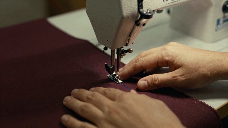 Close-up of hands guiding heavy fabric through an industrial sewing machine, focus on the needle and precise stitching