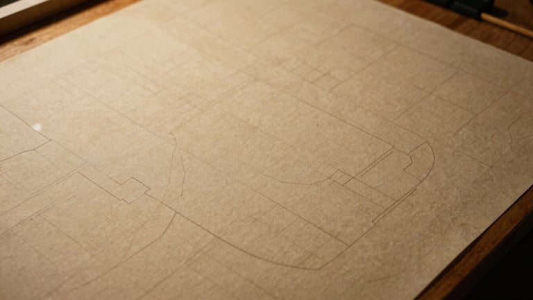 Overhead flat-lay of technical pattern pieces marked with chalk on heavy canvas, warm workstation light