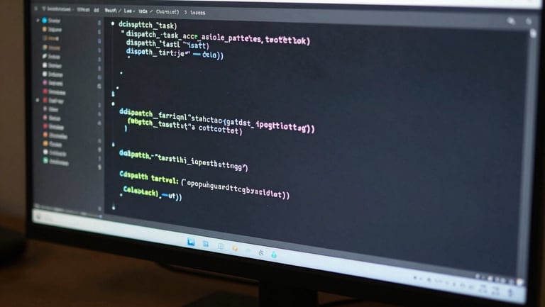 Wide close-up of a monitor displaying a terminal window with multiline monospace code — a function call named dispatch_task with parameters for task type, budget, and callback URL — flat even overhead studio lighting, no glare, dark desk surface below screen partially visible